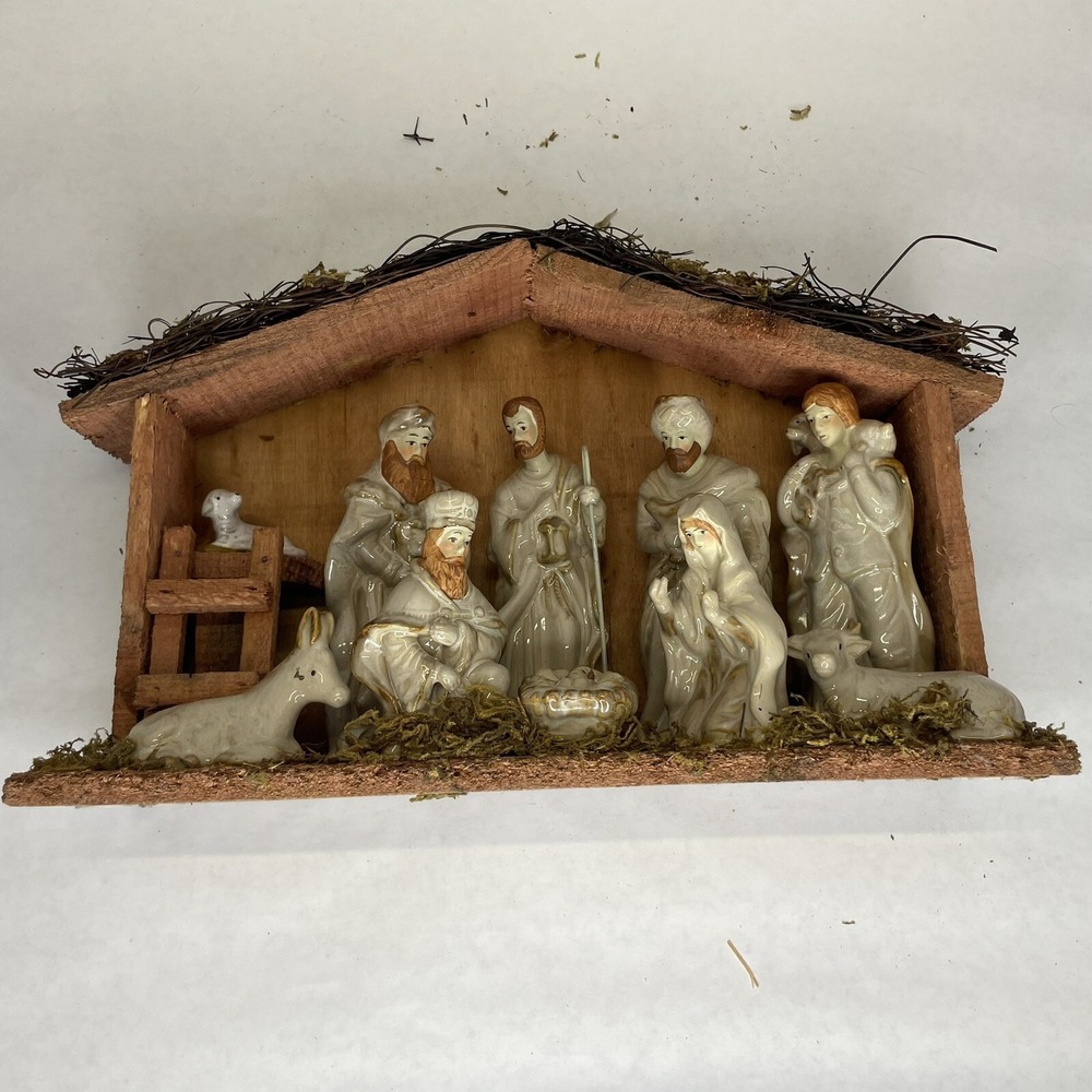 Nativity Set Porcelain Fixed Figures Wooden Creche C7699 In Box Appx 12"x7" tall